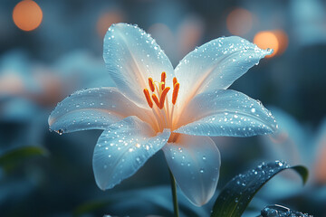 Fototapeta premium Dew-Kissed Lily, A Gentle Bloom in Soft Blue Ambiance