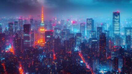 Obraz premium Aerial view of Tokyo cityscape at night with vibrant neon lights