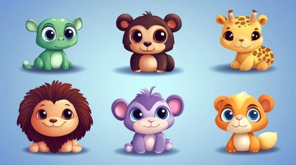 Obraz premium Cute baby animals portraits turtle, bear, giraffe, lion, monkey, tiger for kid illustrations