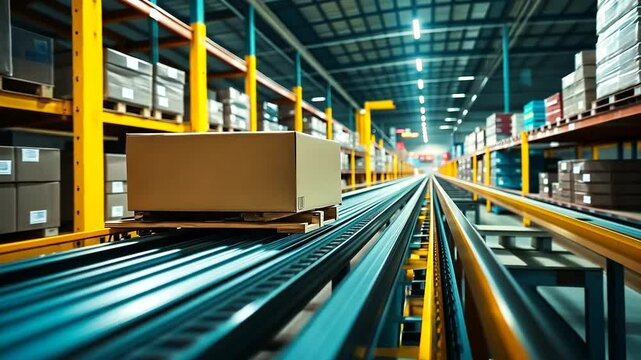 Package on conveyor belt in busy warehouse setting