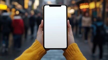 Showcasing a blank smartphone screen busy urban street digital technology evening eye-level view modern communication