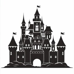 Obraz premium Majestic Black Silhouette Fairytale Castle Illustration Medieval Fortress Fantasy Architecture