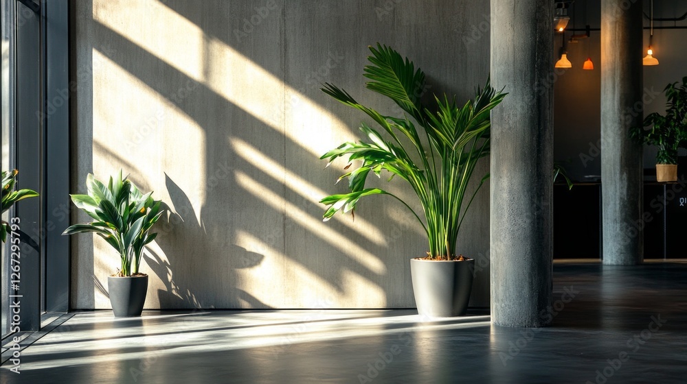 Poster during a quiet afternoon, sunlight streams through expansive windows, creating striking geometric sh