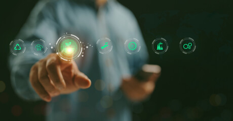 A man hand touching green environment globe reducing with virtual and carbon credit to limit global...