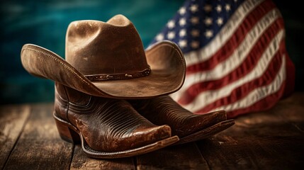 cowboy boots and hat sit atop a wood surface, with an american flag backdrop. western theme.