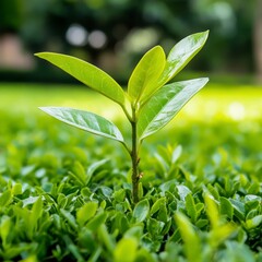 Fototapeta premium Vibrant Green Sprout Emerging from Lush Foliage