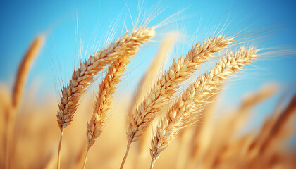Golden wheat stalks sway gently against a clear blue sky, symbolizing harvest and agricultural abundance.
