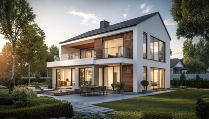 Modern House Design: Two-Story Home with Balcony, Featuring Large Windows and Outdoor Patio, Perfect for Family Living