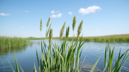 Fototapeta premium Lush reeds by a placid river under a clear sky. Possible use nature photography