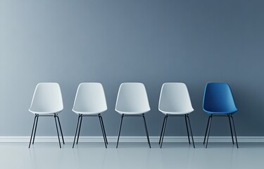Modern chairs in a row, one blue, waiting room, minimalist design