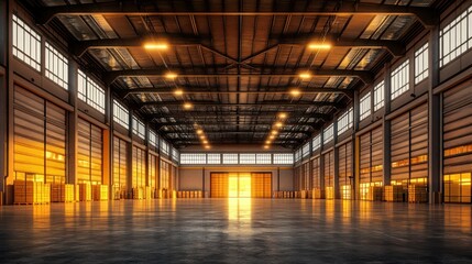 Empty warehouse interior with open roller doors at sunset