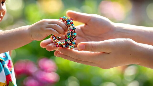 A child giving a bracelet on Mother's Day