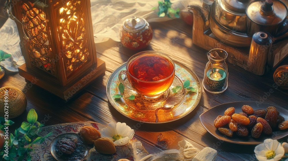 Poster elegant spread showcases a beautifully arranged ramadan kareem table featuring dates, fragrant tea, 