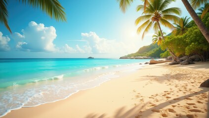 Obraz premium Serene Beach with Golden Sand and Soft Blue Waves for Relaxing Holiday