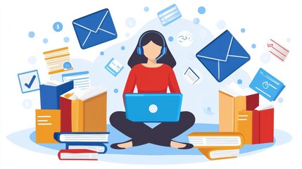 Virtual learning session student engaged in online study home office digital illustration cozy environment focused view