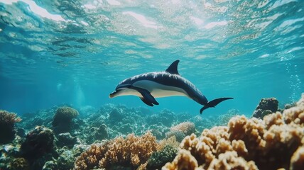 Stunning Dolphin Swimming in Vibrant Coral Reef Underwater Scene