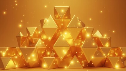 Soft Glowing Golden Pyramids with Light Reflections in Geometric Design