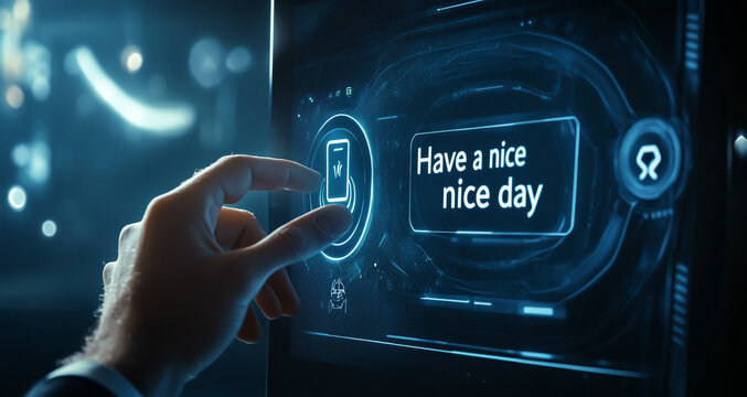 A businessman's hand touching a virtual screen with an EV car charging station icon on a dark blue background, with the text Have a nice day. This digital technology concept is for the business