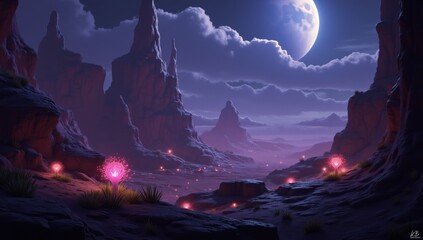 Unique Planet Landscape with Glowing Plants and Rock Formations