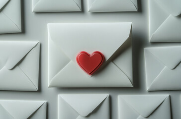 A white envelope with a red heart-shaped seal on it, surrounded by more envelopes, all against a clean background
