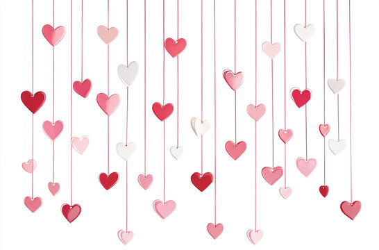 A white background with pink and red hearts on strings, cute Valentine's Day decorations, heart garland decoration, heart shapes hanging from strings, cute Valentine backdrop, white background