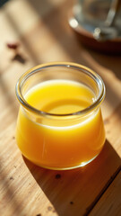 A glass jar containing a golden-yellow liquid, possibly beef tallow or cooking oil, with sunlight reflecting off its surface.