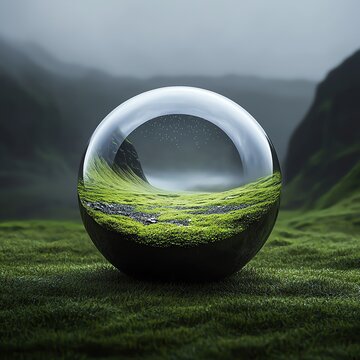 a self sustaining mini ecosystem in a sphere shaped galss dome, mini plants and trees inside, no background, white space around the object