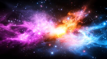 Obraz premium Distant Nebula Forming New Stars with Swirling Gases Featuring Vivid Violet Blue Orange and Yellow Hues in a Dark Space Background