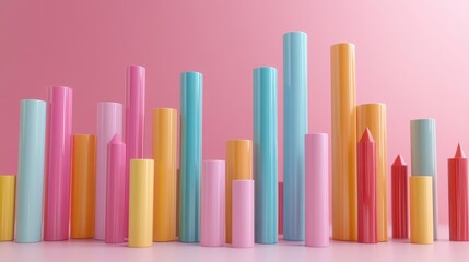 Obraz premium Colorful cylinders, abstract data visualization, pink background, growth chart, business concept