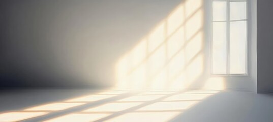 Fototapeta premium Empty white room with sunbeams through the window, casting long shadows and light streaks.