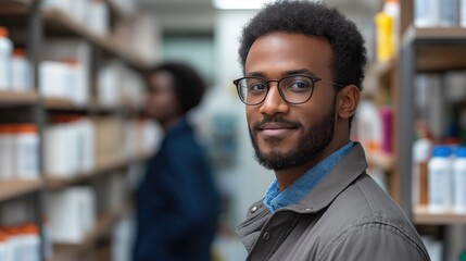 A confident young pharmacist smiling in a well-stocked pharmacy, showcasing professionalism and dedication to health and wellness.