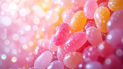 Colorful jelly beans, close-up, soft light, blurred background,  design element