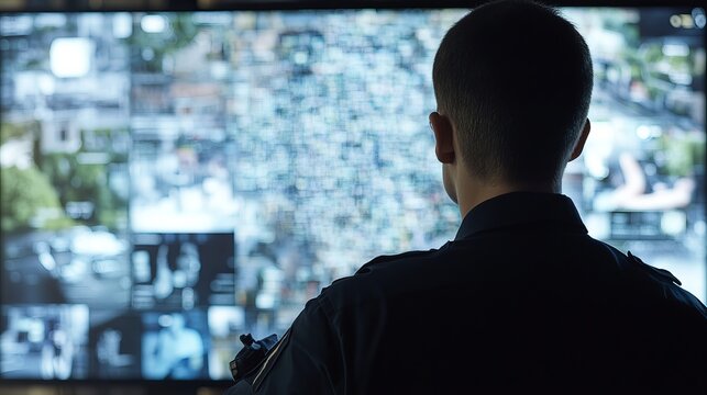 Security Officer Monitoring Multiple Screens Surveillance System Digital Technology Police Officer Back View Dark Uniform Professional Security CCTV  