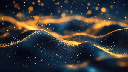 Digital gold particles wave and light abstract background with shining dots stars