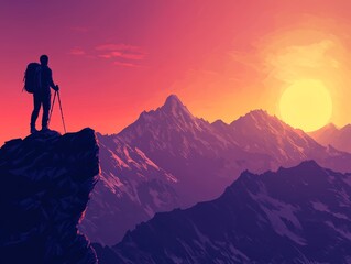 Hiker overlooking a majestic mountain range at sunrise - ai