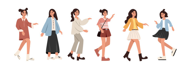People in different position. People dance. Woman dance. Girl dancing. Woman character. Girl character. Cartoon girl. Cute people character.