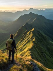 Fototapeta premium Hiker overlooking a majestic mountain range at sunrise - ai