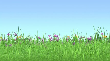 Colorful wildflowers blooming in lush green grass under a clear blue sky nature photography outdoor scene