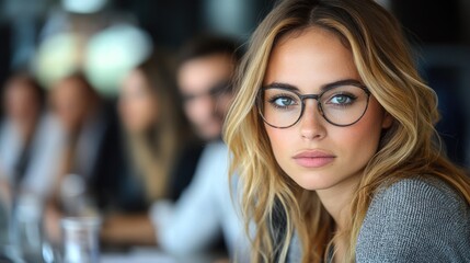 Fototapeta premium Confident woman in glasses at office meeting