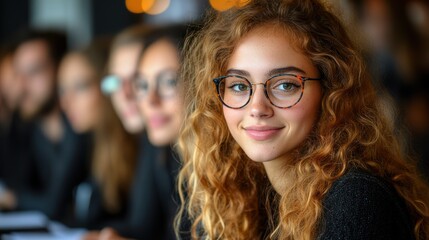 Young woman smiles, glasses, meeting, office, focus, teamwork, background blurred, corporate headshot, professional