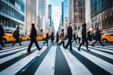 Vibrant urban crosswalk action in new york city dynamic street scene with people and yellow taxis busy city environment captured from ground level perspective