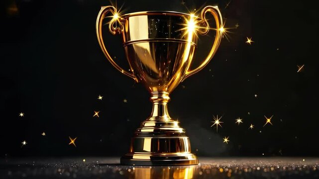 Golden Trophy with Sparkling Stars on Black Background. Success, Award, Achievement, Winner, Celebration Motion Graphics.  4K Seamless Loop Animation