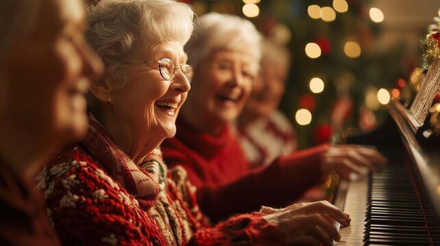 An elderly woman is playing the piano. Elderly gathering friends in a church. A group of young children sing along to a piano. An old woman is playing lifestyle the piano.