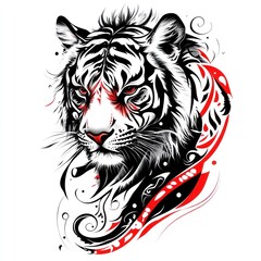 Obraz premium Tiger head graphic art, decorative swirls, red accents