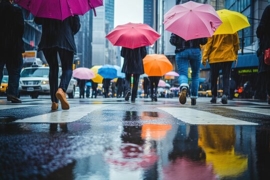 A rainy day at a crosswalk with people holding umbrellas city streets urban life photography wet environment low angle viewpoint capturing everyday moments