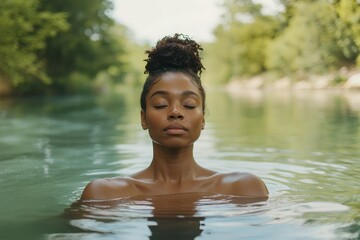 Fototapeta premium Tranquil Black Woman Practicing Yoga by Serene Waterside, Embracing Inner Peace and Wellness in Nature