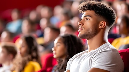 Diverse Group of Students Immersed in a Movie Theater Experience with Red Seating and Subtle Background Blur