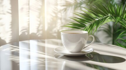 White Coffee Cup On Table With Sunlight And Plant