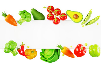 Healthy food poster 3d render. Organic vegetable frame on transparent background. Banner template with border of fresh tomato, avocado, broccoli, pepper, carrot, green peas, cabbage. 3D illustration