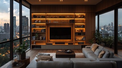Modern Living Room With City View And Built In Entertainment Center